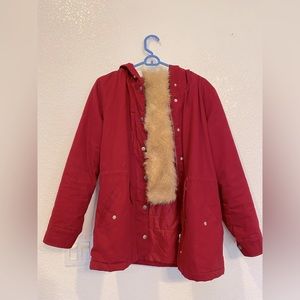 Red comfy coat with removable hood. Great condition.